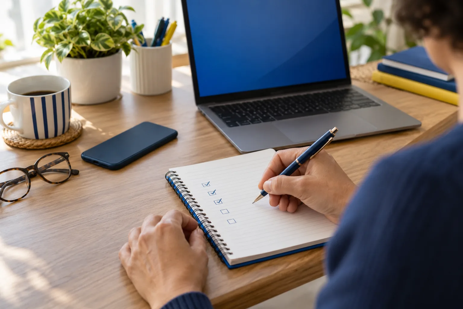 Mãos organizando um checklist de segurança digital